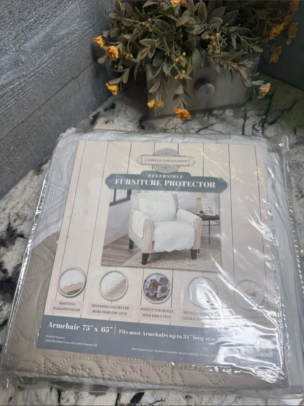 Reversible Furniture Protector - Taupe and White Armchair Cover